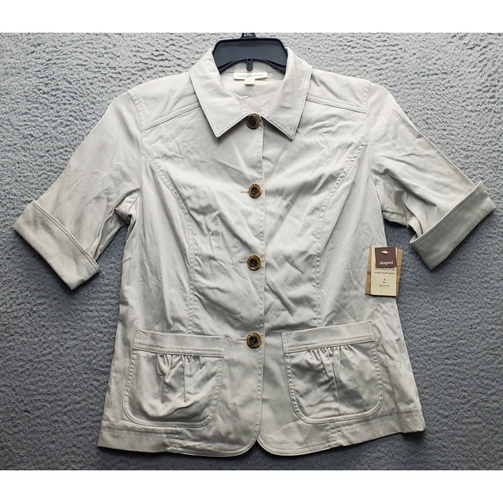 Coldwater Creek Shaped Jacket Womens 8 Tan Pocket Detail Cuffed Sleeve Button Up